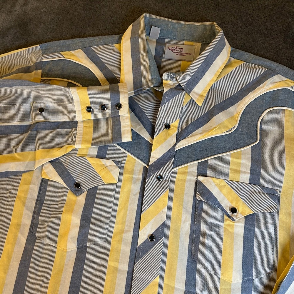 Kenny Rogers Western Striped Cowboy Shirt Pearl Snap Yellow Blue Mens Size 17/35